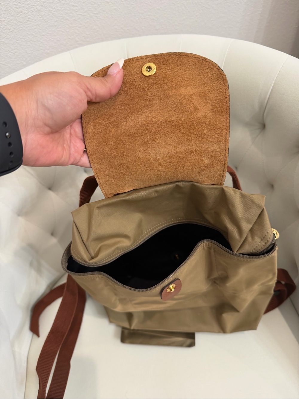 Longchamp Olive/Brown Original Backpack with Gold Snap L1699089P49 - Picture 8 of 10